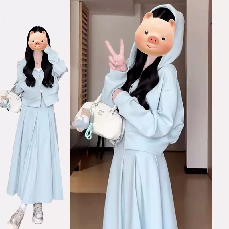 春秋穿搭配一整小香韩系风套装卫衣连衣裙子女秋冬款2024新款长裙