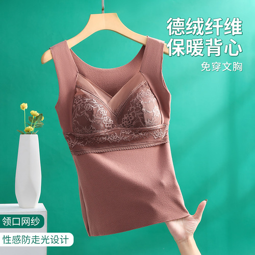 New lace velvet thermal vest for women with chest pad all-in-one plus velvet thickened seamless bottoming thermal underwear for women