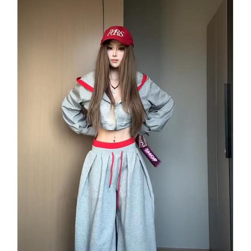 美式辣妹风高级卫衣连帽睡衣女早秋新款松弛感拼接休闲家居服套装|undefined