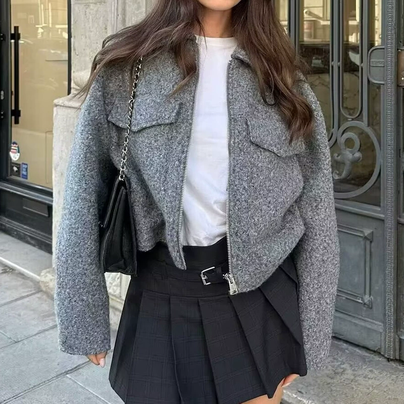 跨境女装批发秋冬款时尚翻领毛呢外套百搭休闲宽松短款夹克欧美风