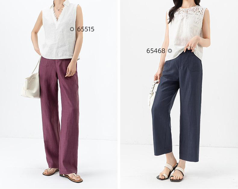 Quần ống rộng Tencel cạp cao dáng suông vải lanh mùa hè — Màu tím-Thông thường (25327) chi tiết 14
