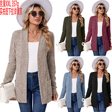 亚马逊欧美跨境外贸2025秋冬新款纯色口袋长袖打底开衫针织衫现货