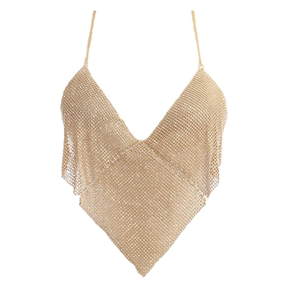 Nueva moda europea y americana de las mujeres discoteca sexy de corte bajo sin respaldo flash diamante costura personalidad triángulo pecho accesorios cuerpo cadena