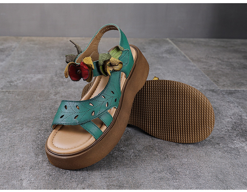 Sandal nữ hở mũi đế bệt da bò thật quai mảnh thủ công hoa — Màu trắng be chi tiết 11