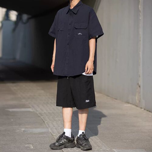 Japanese-style trendy irregular pocket workwear short-sleeved shirt, Instagram-inspired unisex functional style summer shirt