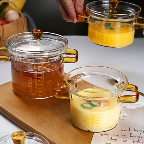 High-Temperature-Resistant Glass Steamer for Egg Custard, Baby Food Supplement with Measuring Scale, Transparent Double-Handle Bowl, and Small Stew Pot with Lid for Bird's Nest Desserts