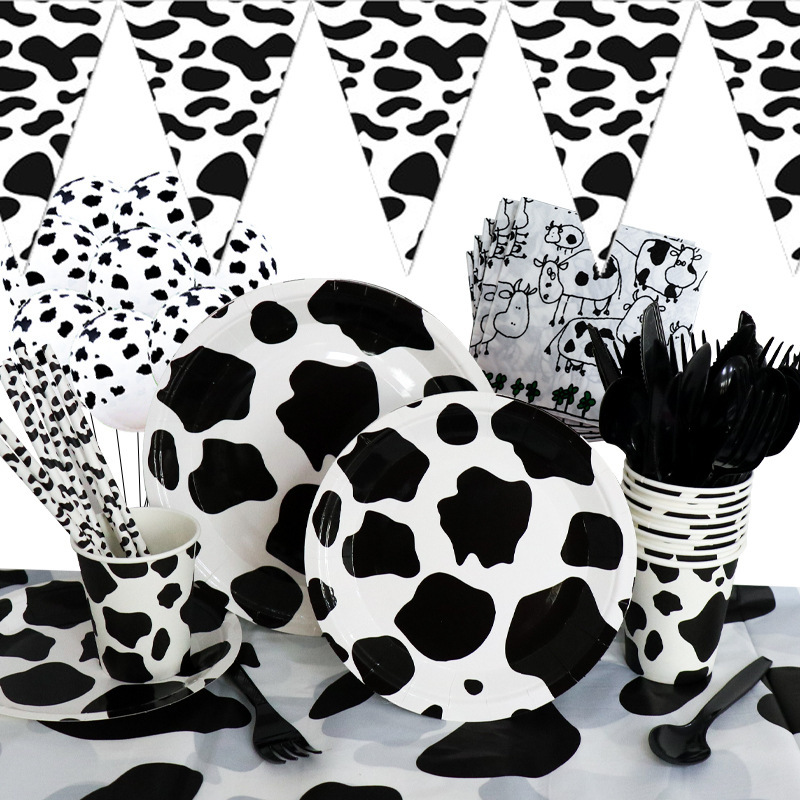 Cow Party tableware suit cow paper plate paper cup tissue birthday party decoration supplies tablecloth pull flag decoration Cow Party tableware suit cow paper plate paper cup tissue birthday party decoration supplies tablecloth pull flag decoration