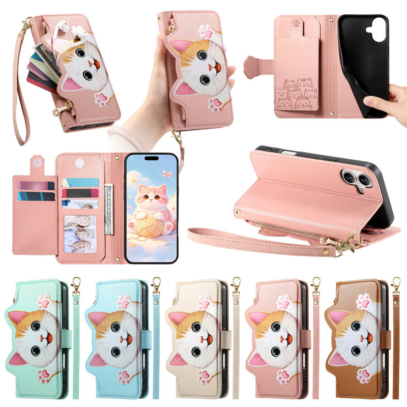 New Model Suitable for Apple 17 Flip Phone Cat-Themed Leather Case with Wrist Strap Crossbody Strap iPhone 17 Protective Case 16 Shell