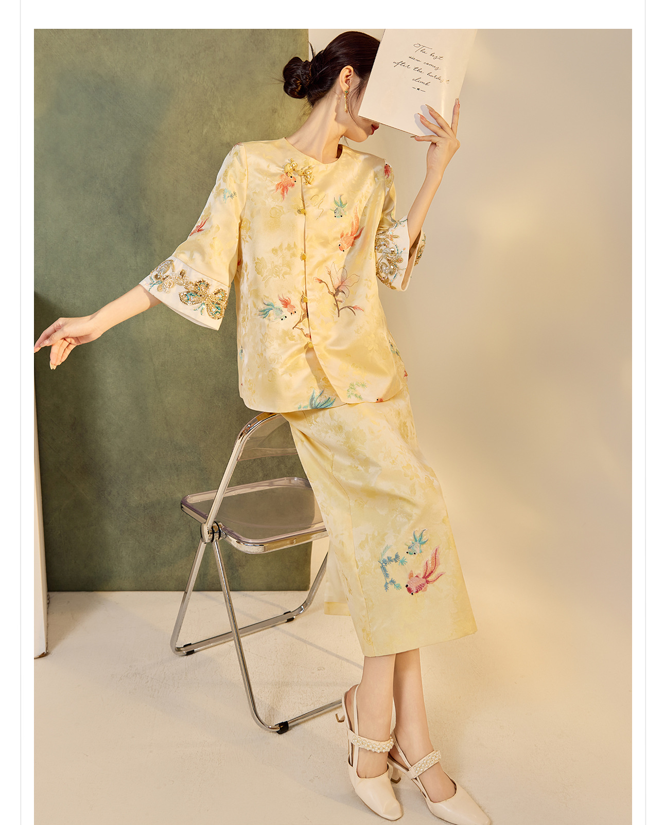 Bộ áo váy satin thêu jacquard cổ tròn phong cách Trung Hoa N6026 — áo, váy chi tiết 10