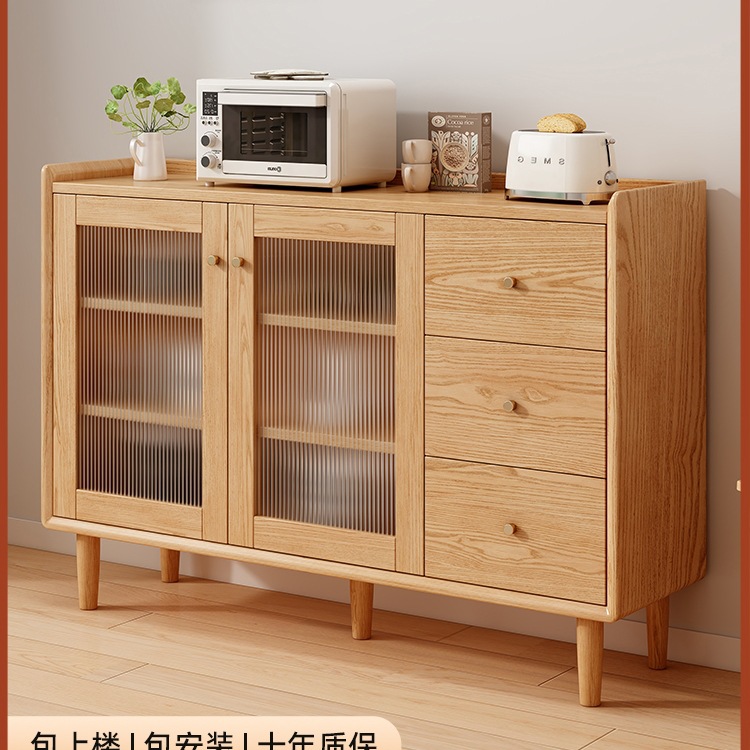 All Solid Wood Sideboard Wall-Mounted Integrated Storage Cabinet 2025 New Home Living Room Rubber Wood Tea Storage Cabinet