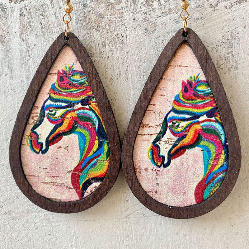 1 Pair Retro Stripe Water Droplets Horse Pu Leather Wood Iron Earrings display picture 3