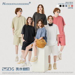 メンズ | レトロ旧工芸高街水洗い半袖メンズtシャツ潮牌ゆるい純綿丸襟カップル上着