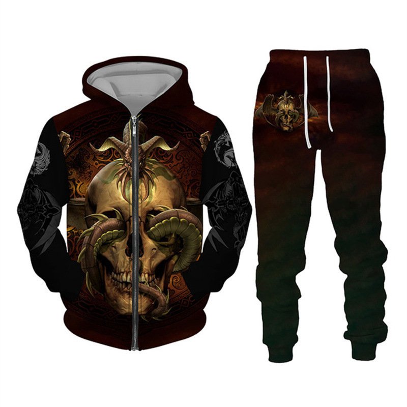Comercio exterior transfronterizo impresión digital 3D chaqueta con capucha de calavera de terror de dos piezas para hombres europeos y americanos MF08-ML01