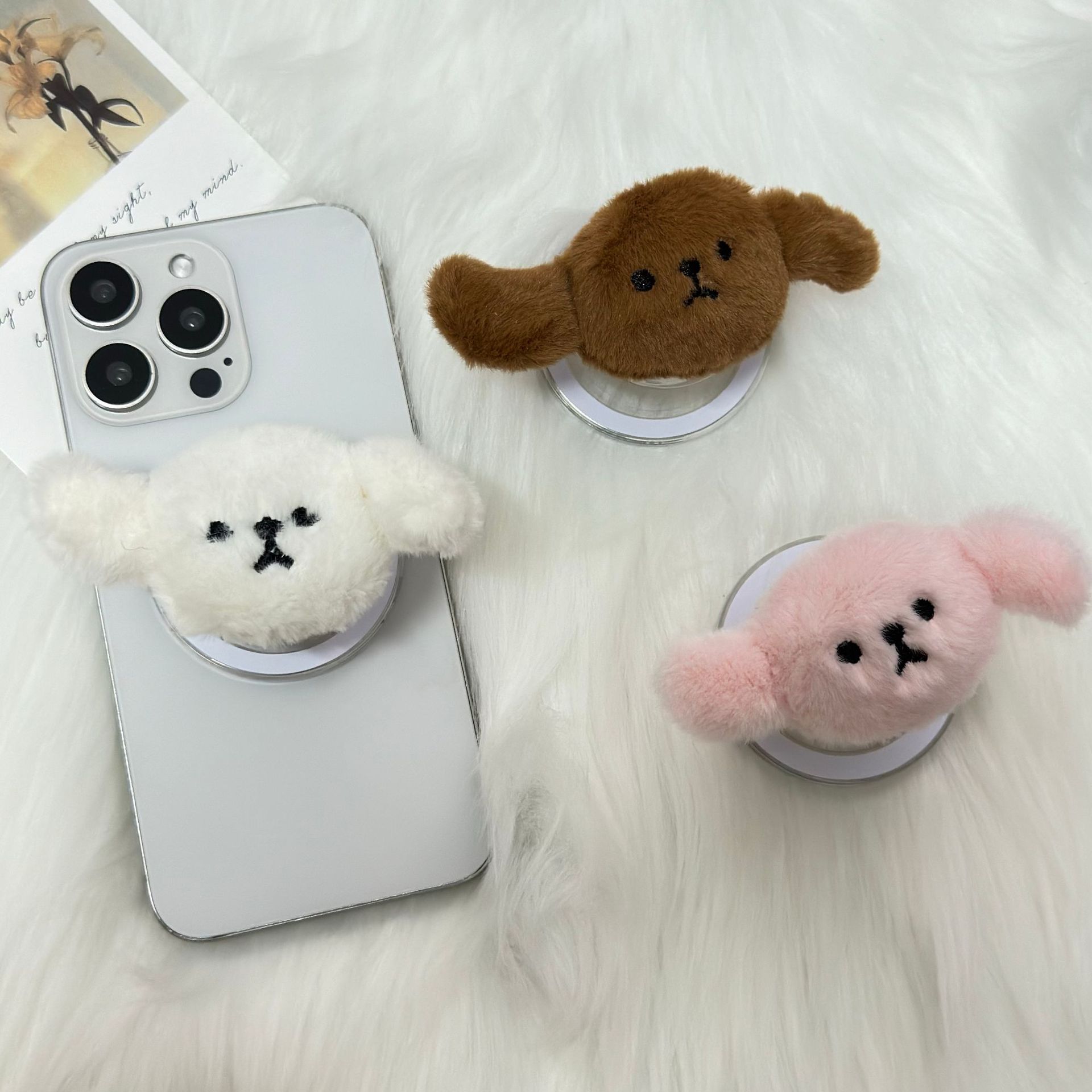Plush Cute Puppy Phone Airbag Magnetic Stand Korean Ins Style Ring Retractable Lazy Desktop Watching Drama_voghion.com