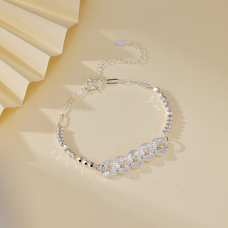 S925 Silver Crushed Ice Five Emperors Coin Bracelet Simple and Exquisite New Chinese Style Niche Design Bracelet as a Gift for Besties