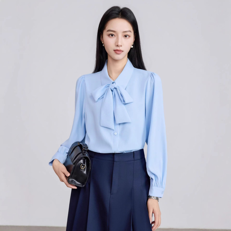 Anchen Blue Long-Sleeve Women's Shirt for Spring and Summer, Formal Wear, Professional Commuting Versatile Shirt with Detachable Bow Anchen Blue Long-Sleeve Women's Shirt for Spring and Summer, Formal Wear, Professional Commuting Versatile Shirt with Detachable Bow
