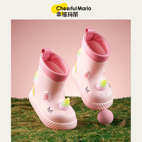 Happy Mary Children's Rain Shoes Women's Cross-border Baby Girls Rain Shoes Student Waterproof Anti-Slip Children's Rubber Shoes