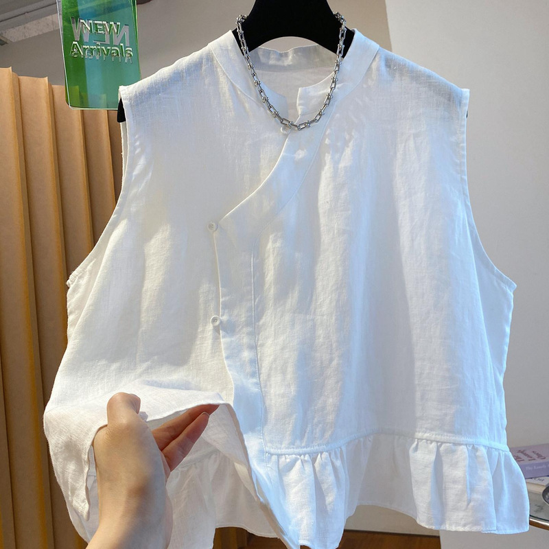New Chinese-Style Light National Style High-End Linen Ruffled Hem Sleeveless Blouse Shirt for Women for Summer Wear