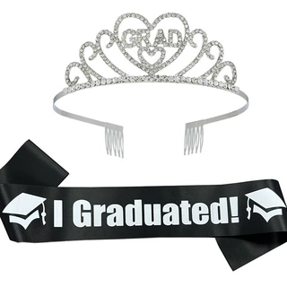 欧美毕业派对皇冠肩带2件套 合金水钻字母头饰I GRADUATED礼仪带
