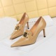 837-2 Retro Women's Shoes Slim Heels, High Heels, Deep Mouth Shoes, Pointed Metal Buckle Decoration, Deep Mouth Single Shoes, High Heels