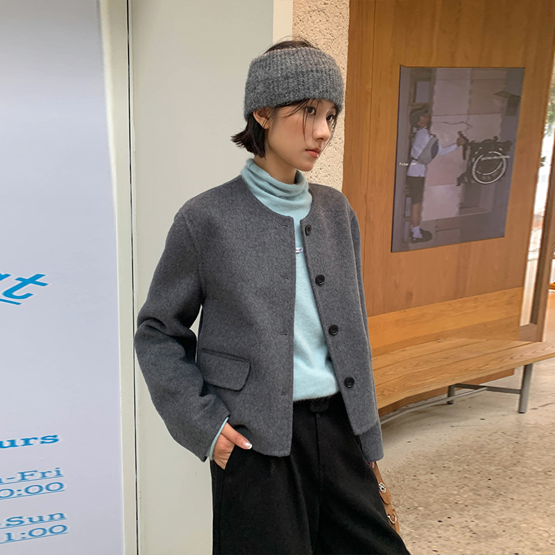 MOXI十三行女装冬季新款韩版圆领短款羊毛羊绒外套双面羊绒大衣女