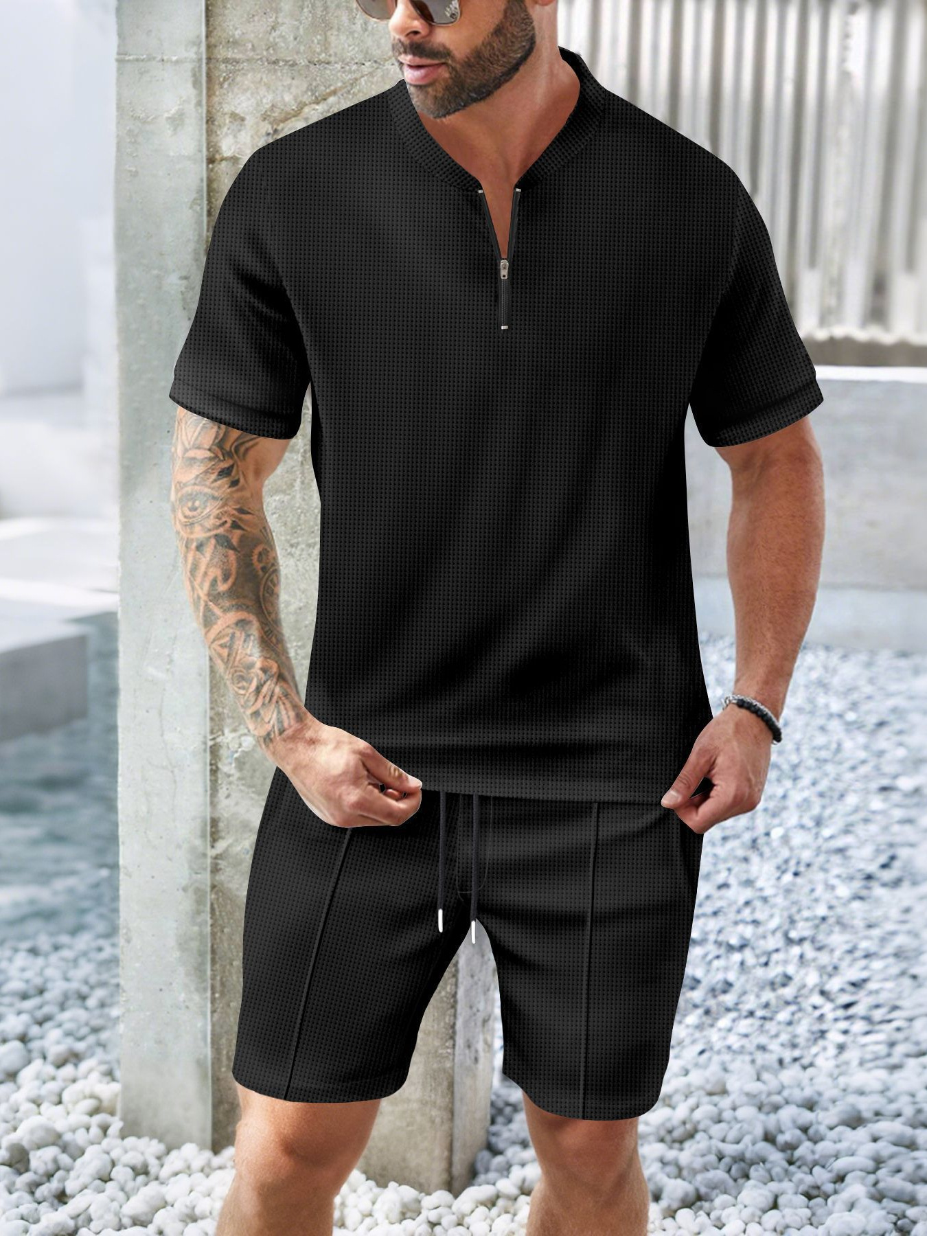 Men's Waffle Stand Collar Zip Set Casual Breathable Short Sleeve_voghion.com