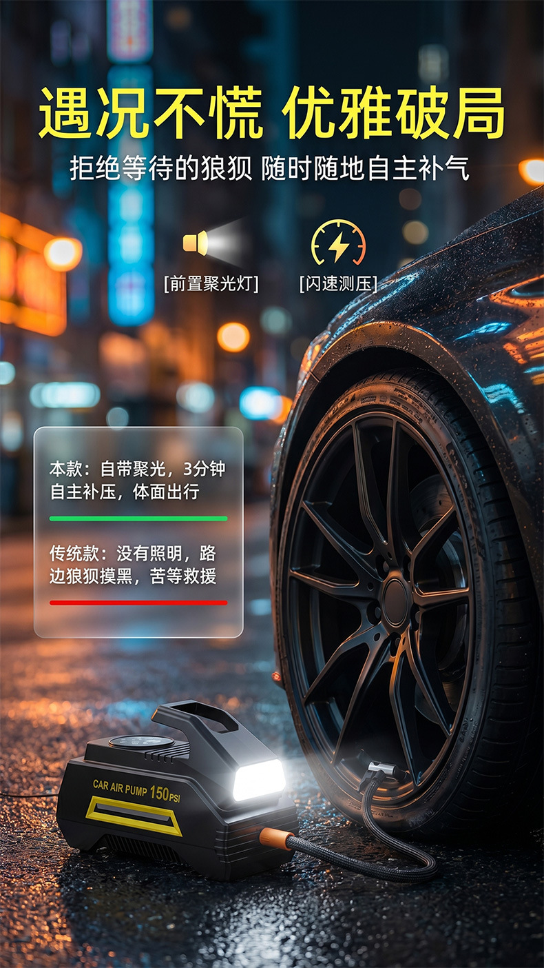 Car air pump, portable electric tire inflator for small cars, multifunctional 12v car air pump