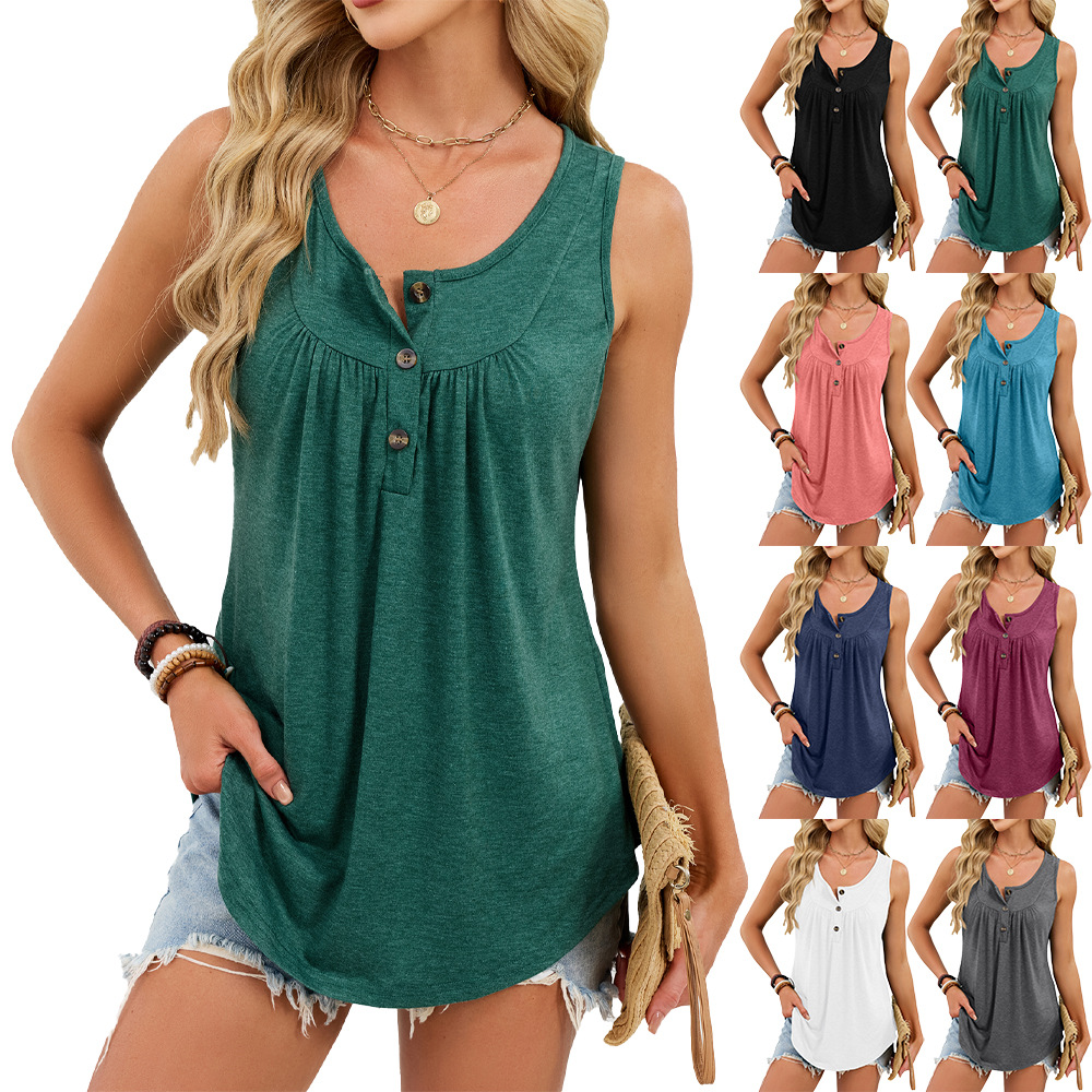2026 European and American Cross-Border Export Women's Clothing Amazon Spring and Summer New Pure Color Round Neck Button T-Shirt Sleeveless Vest for Women