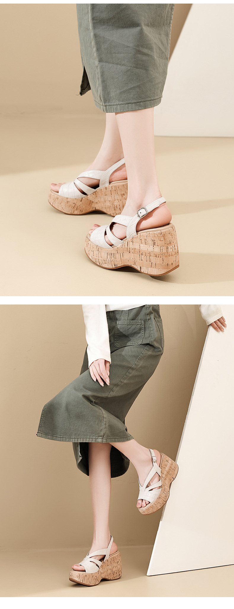 Sandal cao gót nữ hở mũi đế xuồng platform 10cm phong cách La Mã — màu đen, màu trắng ngà chi tiết 10