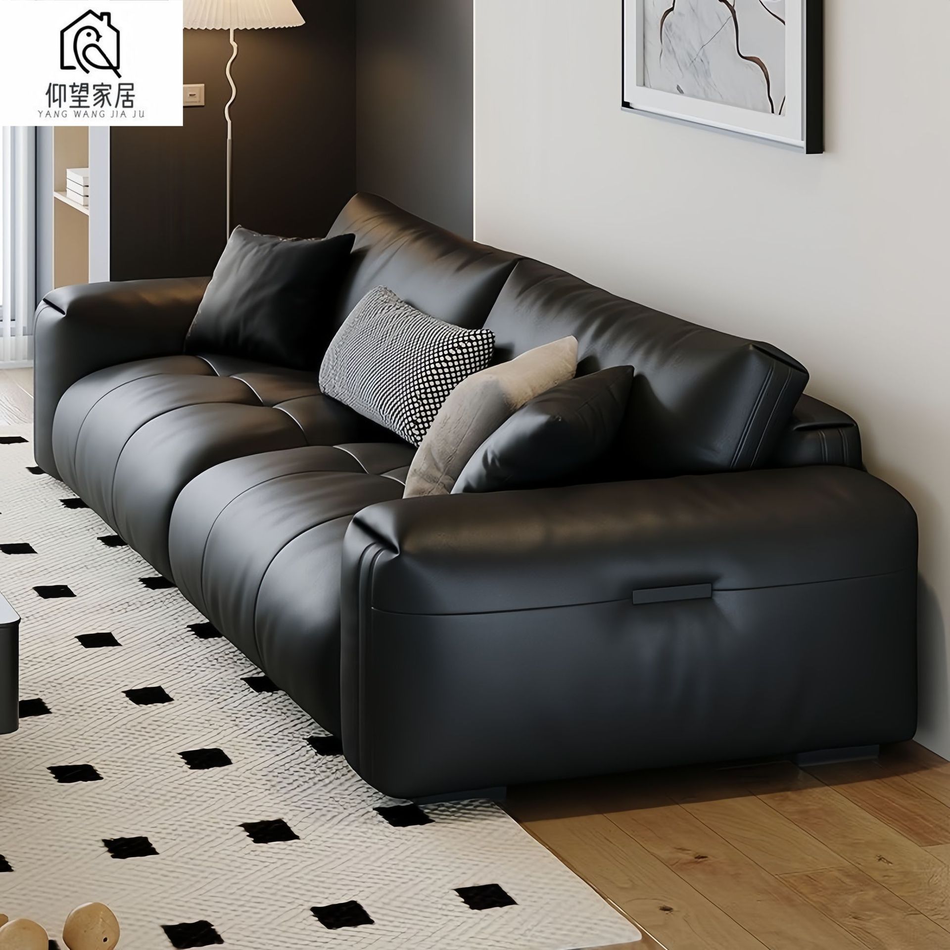 Italian-Style Modern Minimalist Retro Sofa for Small Living Rooms, Black Top-Grain Leather, Straight Row