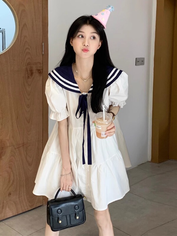 Navy Collar dress Women's Summer 2024 New Sweet College-style Tight Waist Slimming Niche Short-sleeved A- line Dress Navy Collar dress Women's Summer 2024 New Sweet College-style Tight Waist Slimming Niche Short-sleeved A- line Dress
