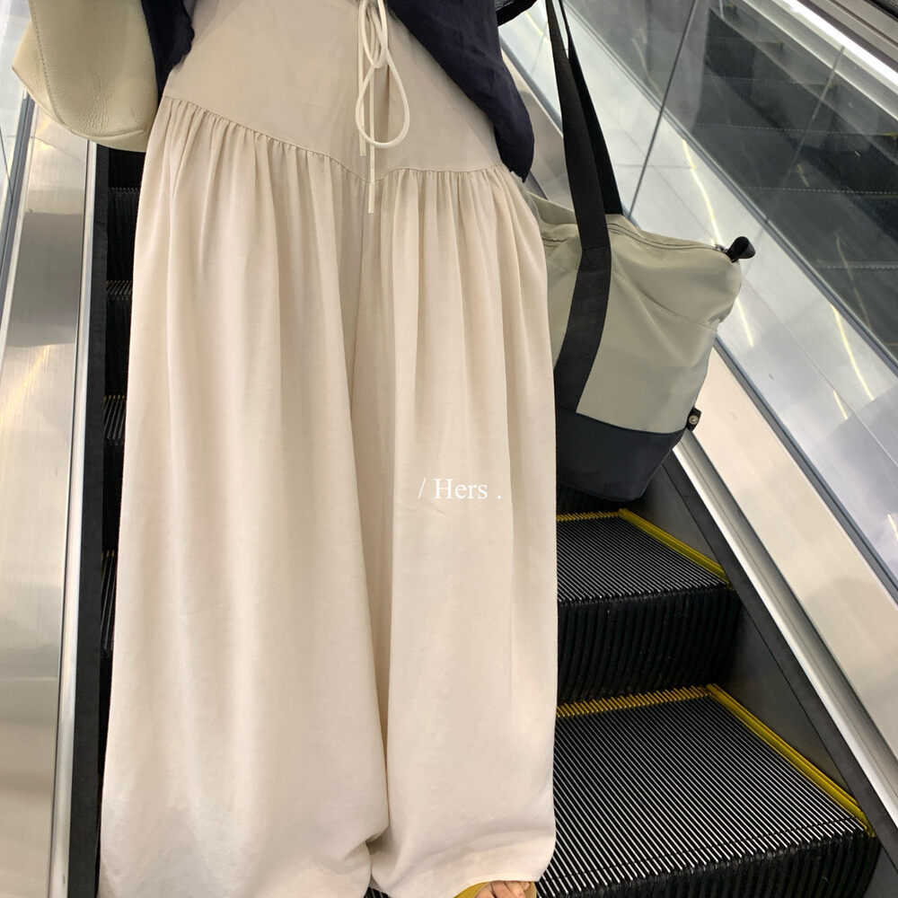 Quần culottes nữ ống rộng cạp cao thiết kế dây rút eo — màu đen, trắng ngà, màu mơ