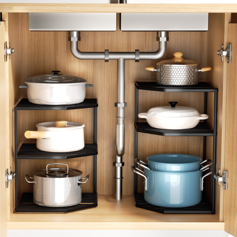 Olla de almacenamiento en rack estante de almacenamiento de la cocina fregadero del hogar Mesa olla estante gabinete esquina capas estante de la olla