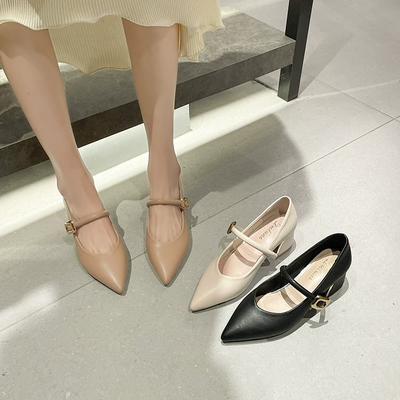 Черные маленькие кожаные туфли в британском стиле на толстом высоком каблуке для женщин, новинка весны и осени 202, универсальные туфли Мэри Джейн на толстой подошве с круглым носком