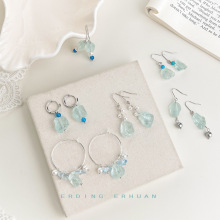 天然石透感蓝水晶碎石海边度假风旅游清新甜美手工耳饰工厂耳环女