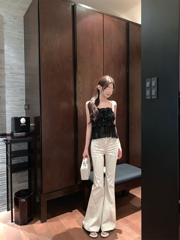 CHICYOU 自留 显身材金扣明线弹力裤紧身百搭休闲喇叭牛仔裤女|undefined