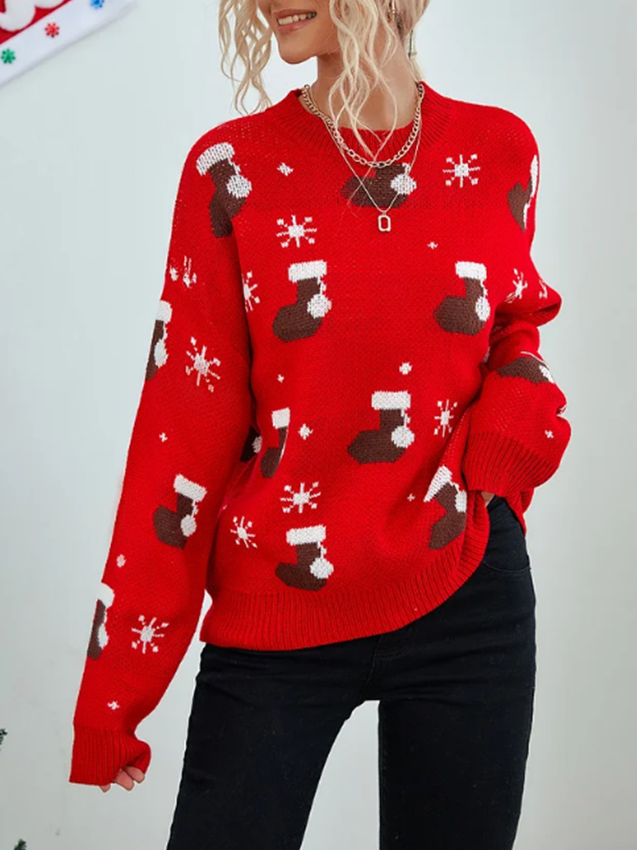 Weihnachtlicher Strickpullover für Damen – Gemütlicher Oversize-Pullover mit festlichen Mustern, weiche Polyester-Langarmtunika_voghion.com