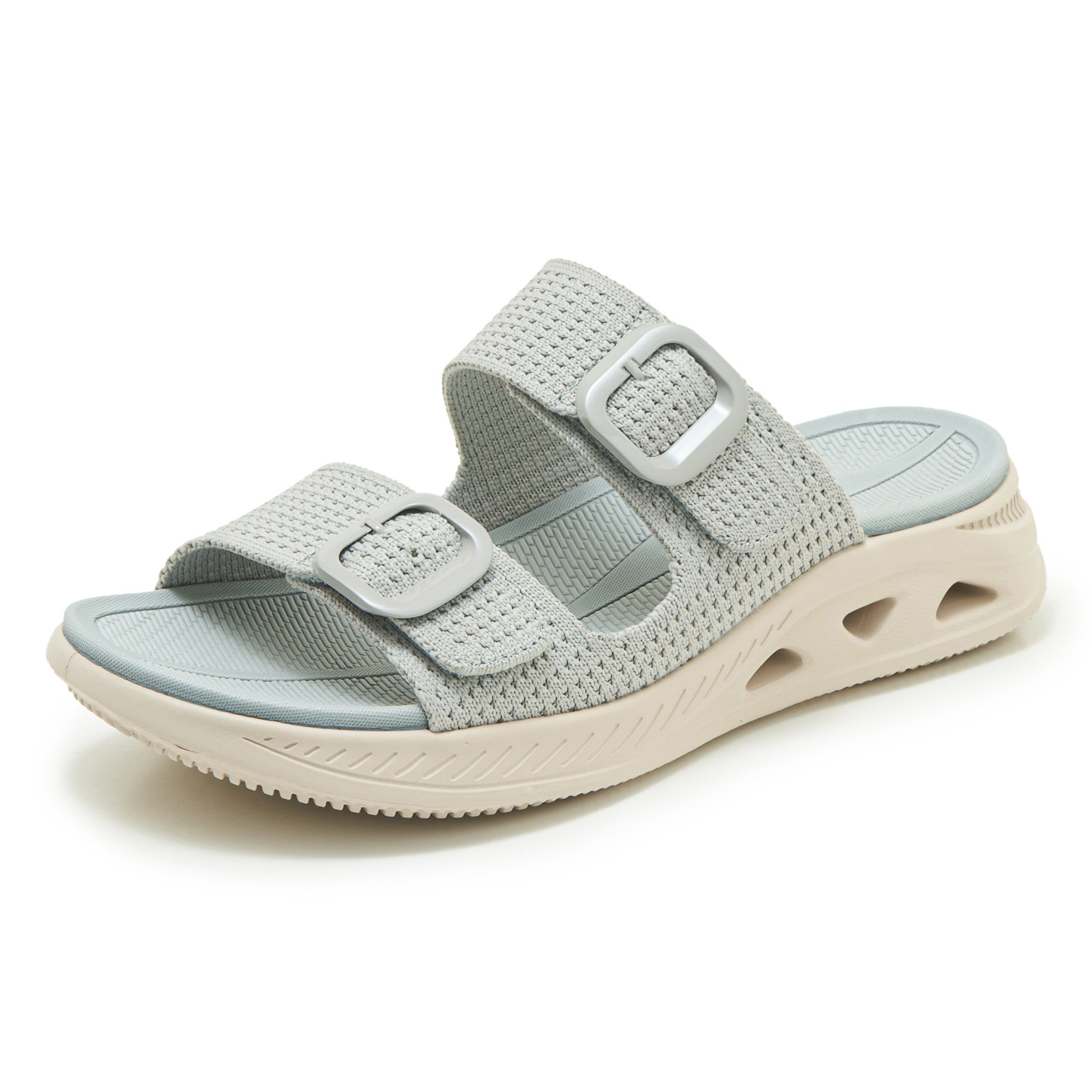 Dép sandal nữ xỏ ngón đế bệt thể thao lỗ thoáng khí đế bánh mì chống trượt — màu đen, màu xám, màu mơ