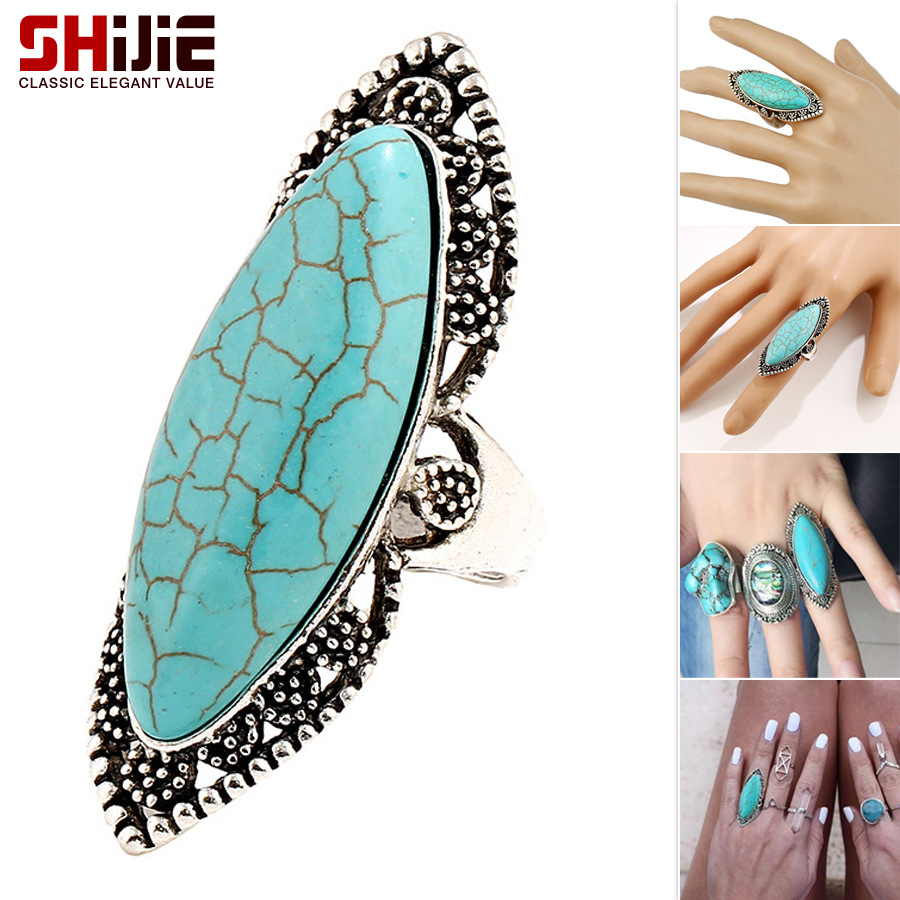 European and American Fashion Simple Personality Retro Ethnic Style Retro Carved Oval Turquoise Ring Ring Accessories Gifts