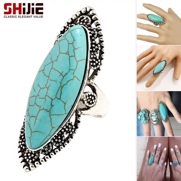 European and American Fashion Simple Personality Retro Ethnic Style Retro Carved Oval Turquoise Ring Ring Accessories Gifts