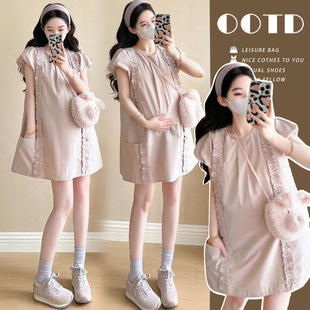 in stock Internet Trendy Pregnant Women's Dress Summer Cotton Korean Style Pregnant Women's dress Age-reducing French Style Pregnant Women's Dress