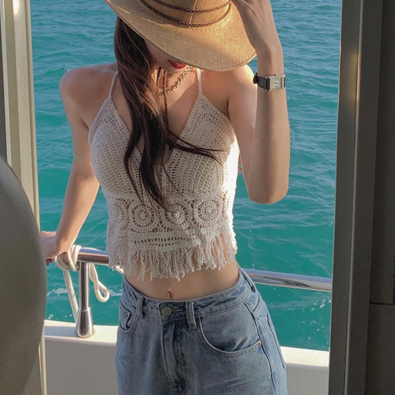 Vacation Style Woven Camisole Women's Summer Design Sense Niche Outer Wearing Inner Wearing Beautiful Back Hanging Neck Lace-up Chest Pad Top