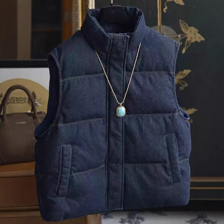 Autumn and winter daily_white goose down hem drawstring indigo bread down jacket Denim waistcoat a generation of hair