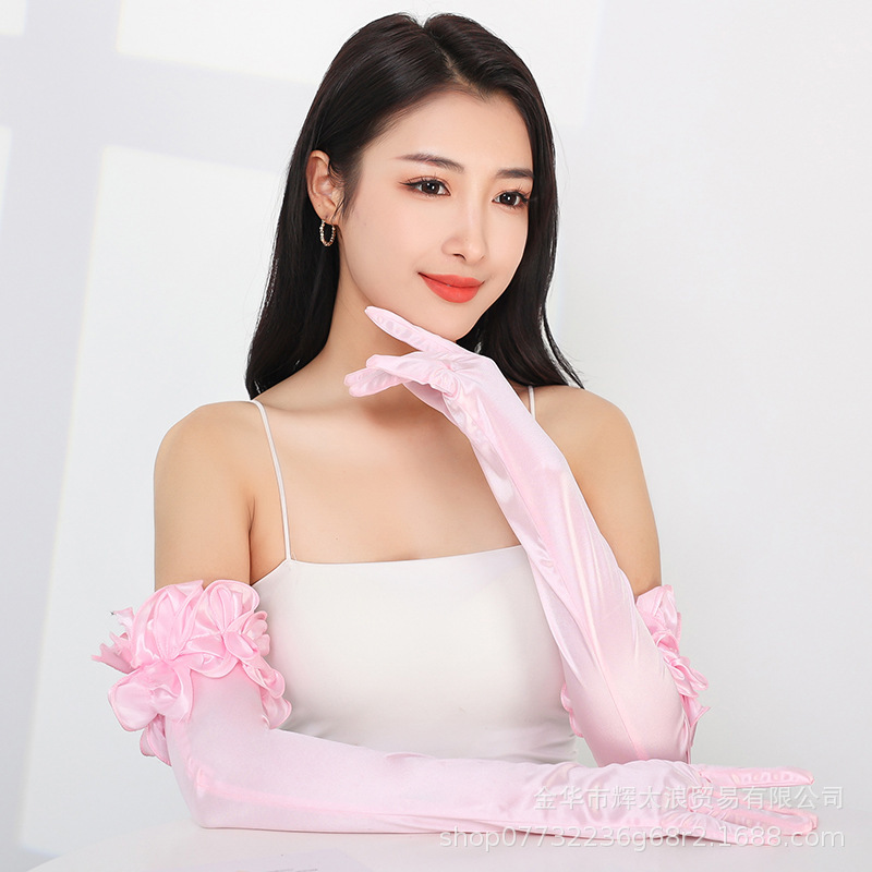 韓国風サテンストレッチロングウェディングドレスエチケット手袋エレガントなピンクのスーパーフェアリーフラワーレースブライダルドレスアクセサリー|undefined