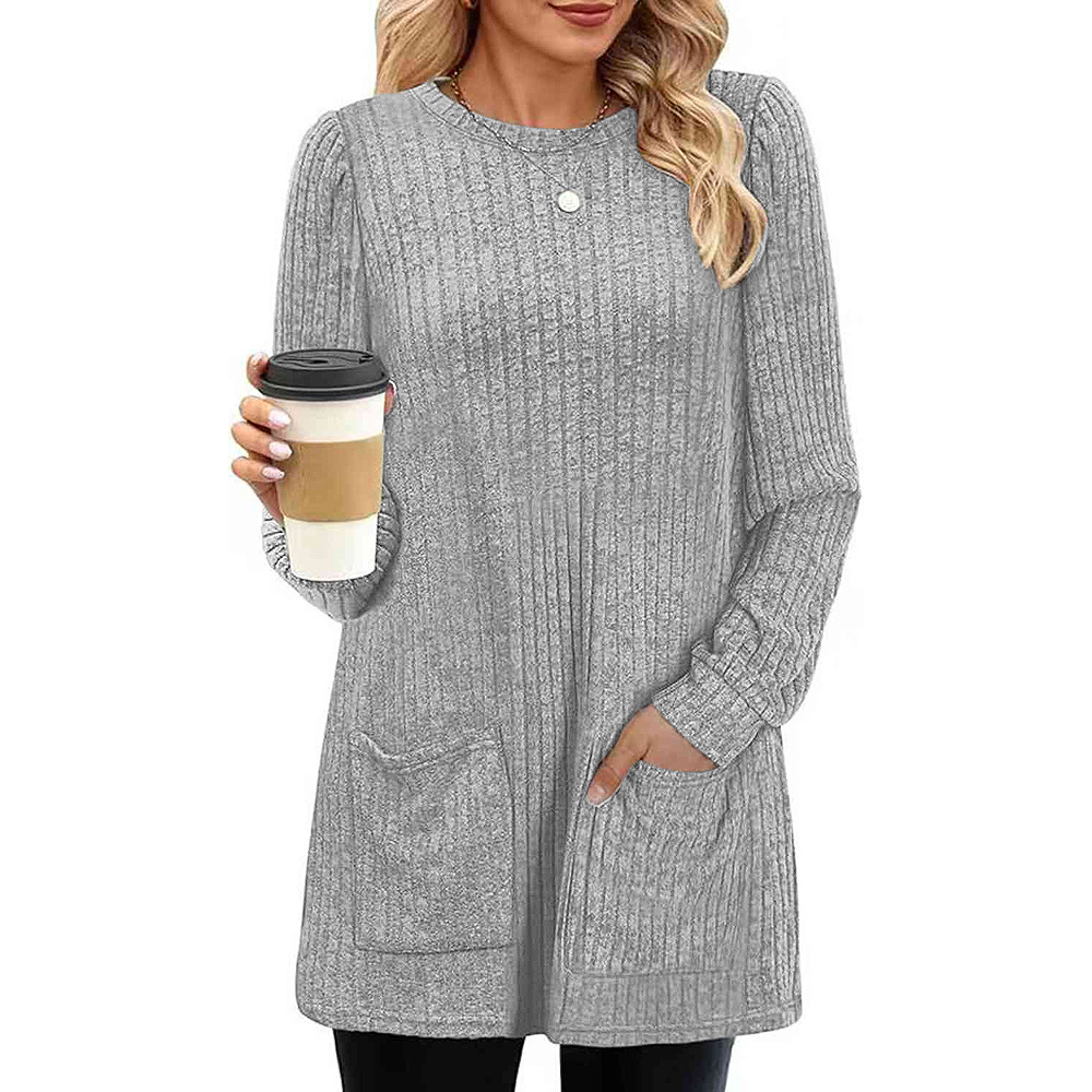 2023 transfronteriza europea y americana de otoño e invierno nueva oferta de mediados de longitud suéter cuello redondo pit color sólido bolsillo Camisa larga para las mujeres