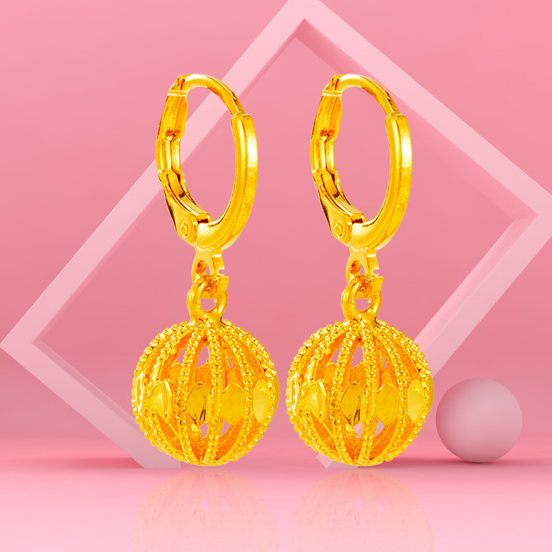 【Wholesale and Dropshipping Available】Vietnamese Sand Gold Earrings for Women, Lantern Hoop Earrings, Water Drop Beads, Matte Earrings, Copper Alloy