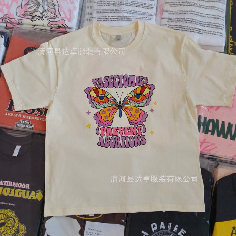 300g heavyweight pure cotton short-sleeve T-shirt for women, featuring an American retro butterfly print, a loose fit, a round neckline, and a versatile, casual style suitable for Instagram