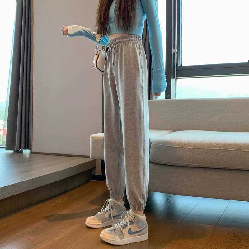 Тонкие серые брюки, летние спортивные брюки для женщин, весенне-осенние миниатюрные спортивные штаны, укороченные брюки для женщин, осенние школьники младших классов