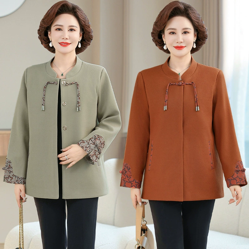 2025 весенний новый стиль, шерстяная куртка для мам среднего и пожилого возраста с воротником-стойкой и пряжкой, маленькая ароматная куртка в западном стиле в китайском стиле