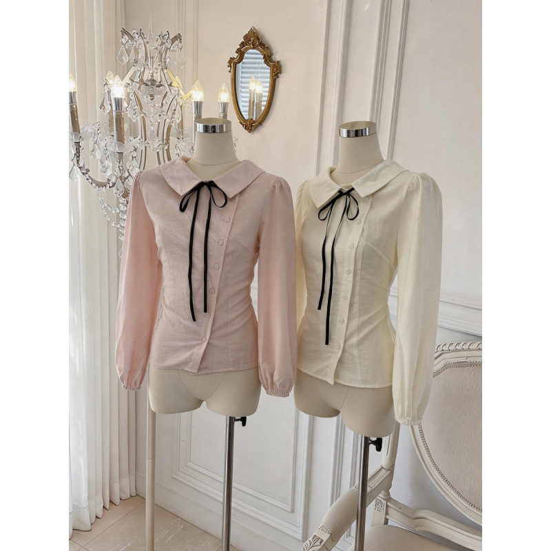 Real price, guaranteed. College-style, tie-front, doll-collar shirt for women, new long-sleeved, loose-fitting, and uniquely designed top